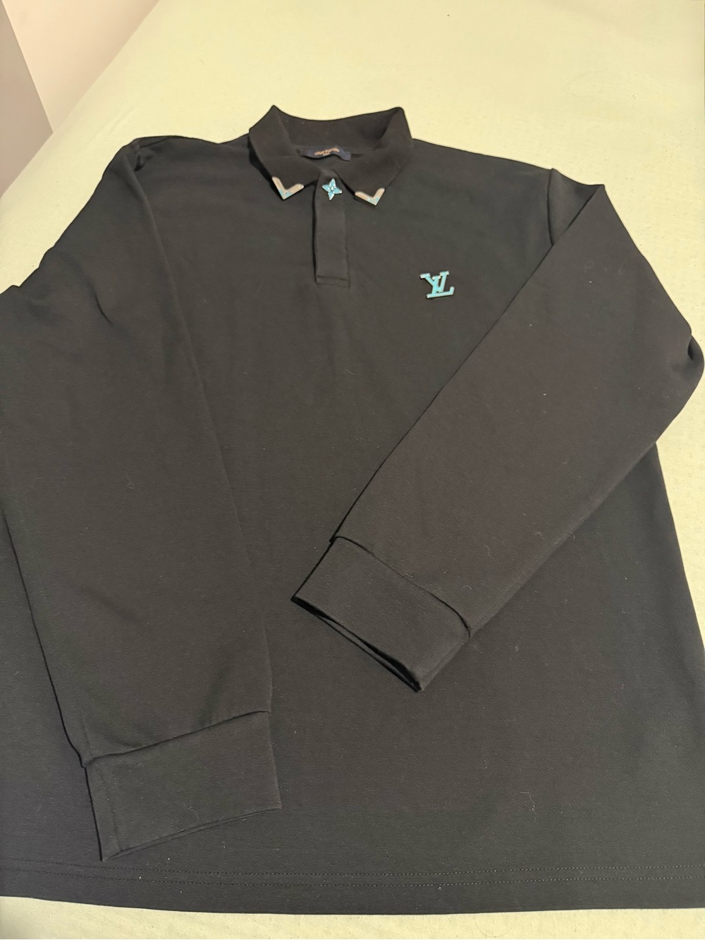 Louis Vuitton Black Long-Sleeve Polo with Teal LV Emblem